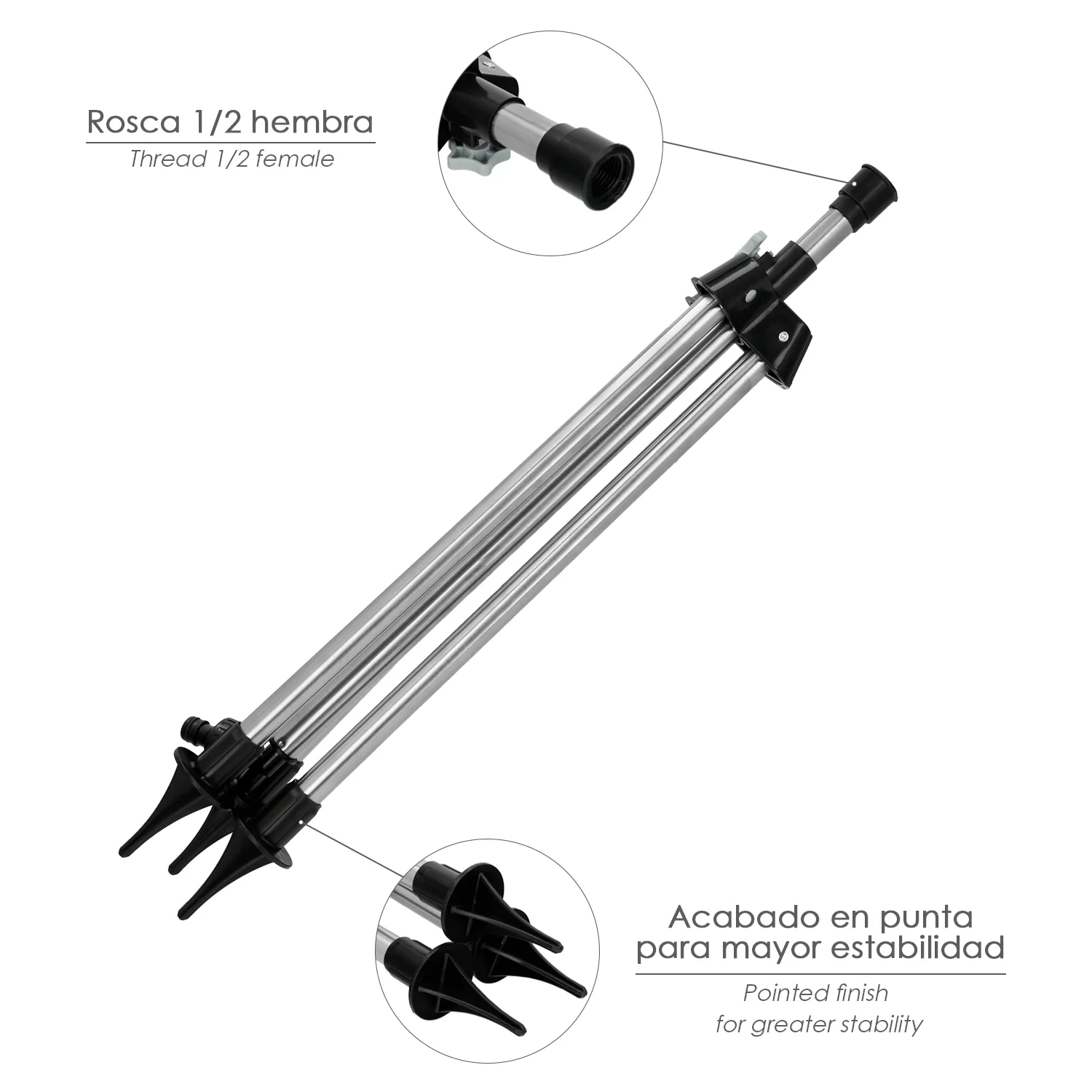 Tripode Para Aspersores Altura Regulable 55/90 cm. Tomas agua 1/2". Acero Cromado. Tripode Aspersores Jardineria - Imagen 5