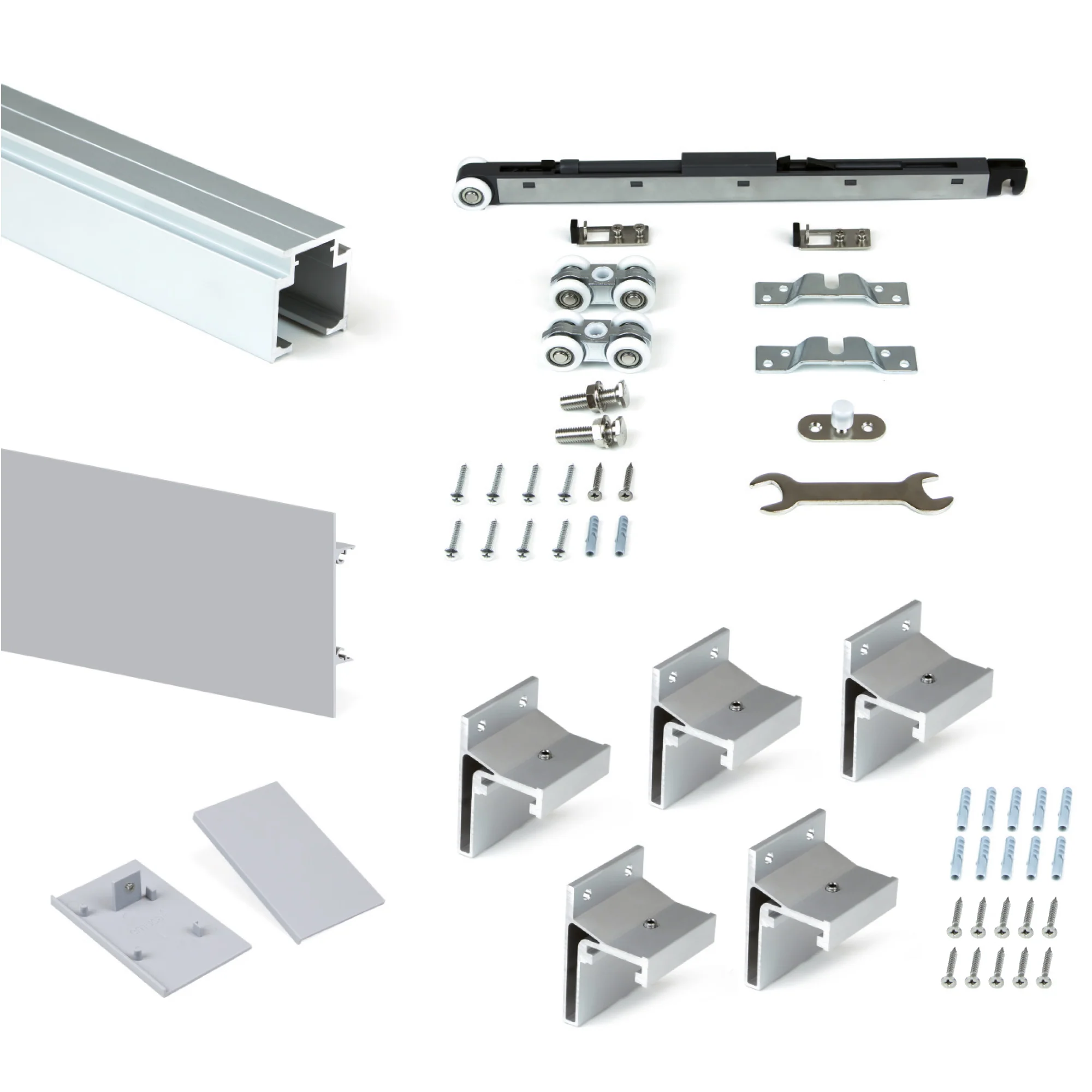 Emuca Kit de sistema corredero Railway para puertas correderas colgadas de madera con cierre suave, 80kg, Aluminio, Anodizado mate - Imagen 2