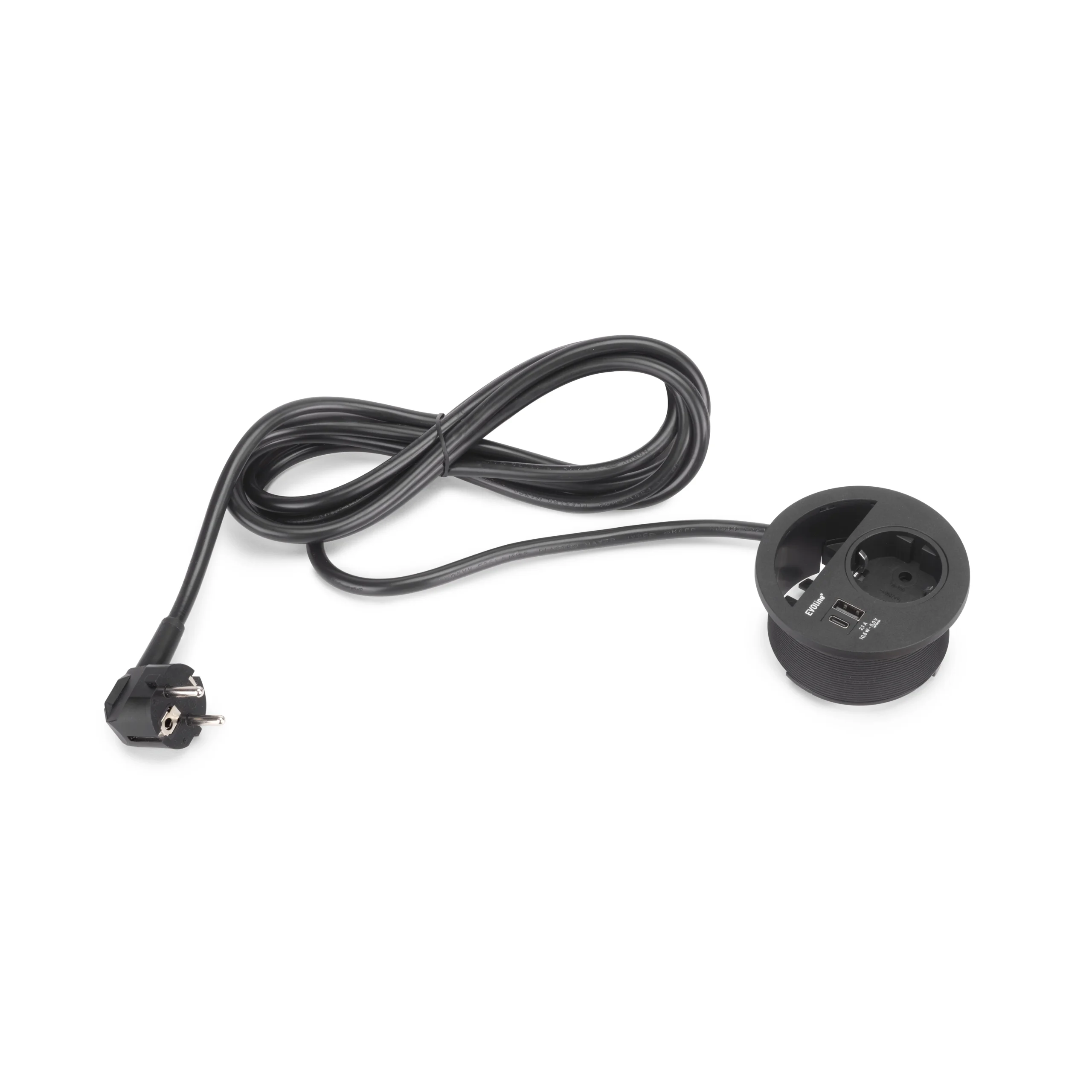 Emuca Multiconector Circle 80, diámetro 80mm, 1 enchufe tipo Schuko, 1 USB tipo A, 1 USB tipo C, Plástico, Pintado negro